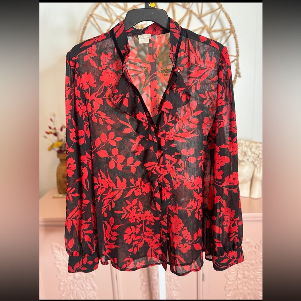Chico’s size 1  Red and black Floral Sheer Blouse- does not have the cami‎
